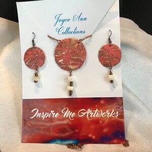 Hammered Copper Pendant and Earrings 21 Inches Long